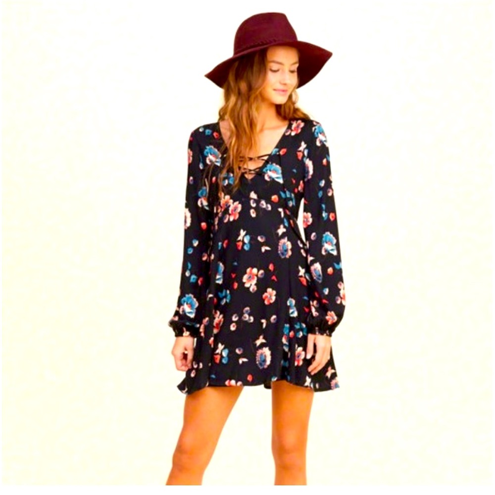 Hollister Black Floral Lace Up Long Sleeve Mini Dress